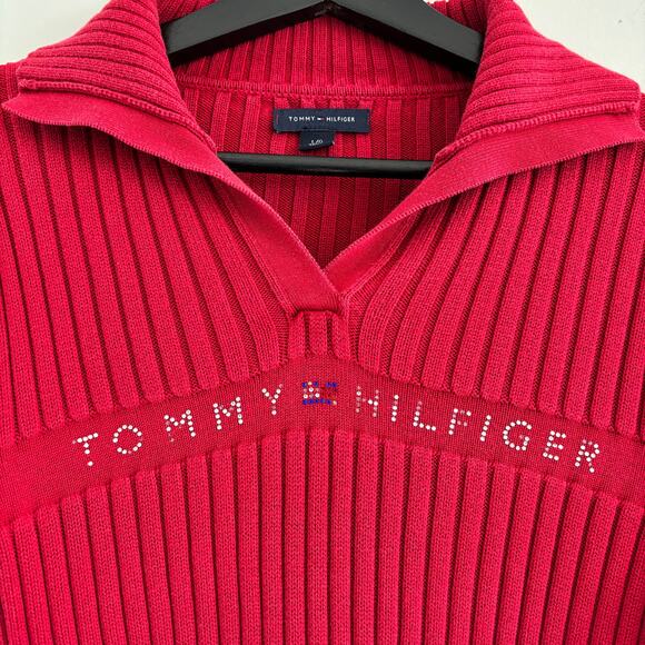 Vintage Y2K 00s Women's Tommy Hilfiger Rhinestone Collared Ribbed Sweater Size L - Picture 1 of 7